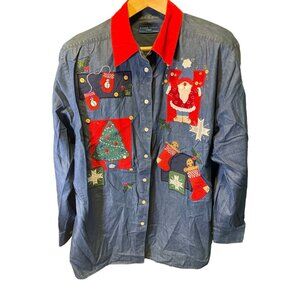 Karen Scott Blue Denim Holiday Embroidered Collared Long Sleeve Button Up Shirt